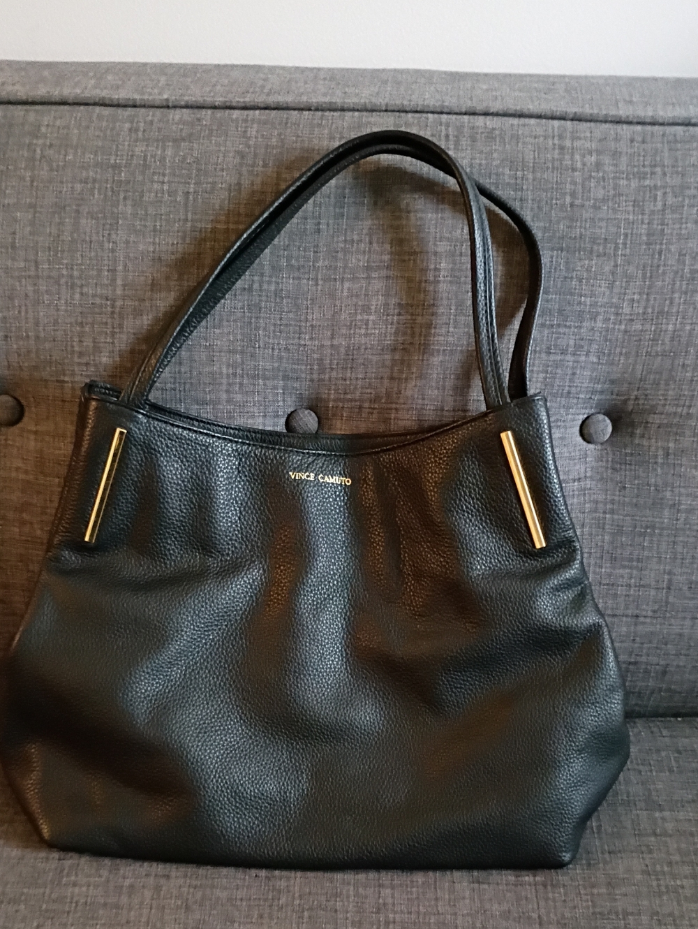 Vince Camuto Black Pebbled Leather Shoulder Tote with Gold Accents